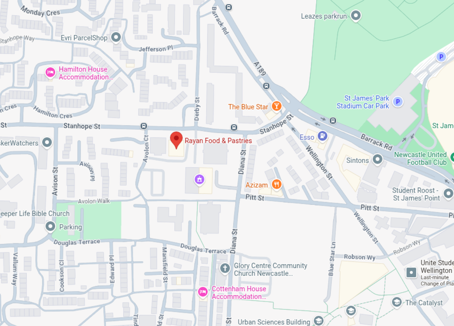Map showing Rayan Food & Pastries, Newcastle